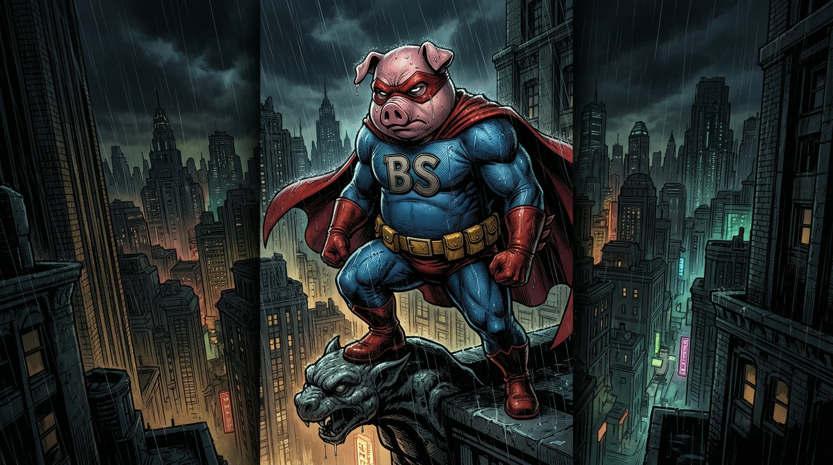 Superhero pig character with cape and 'BS' logo standing on a building ledge with a cityscape background.