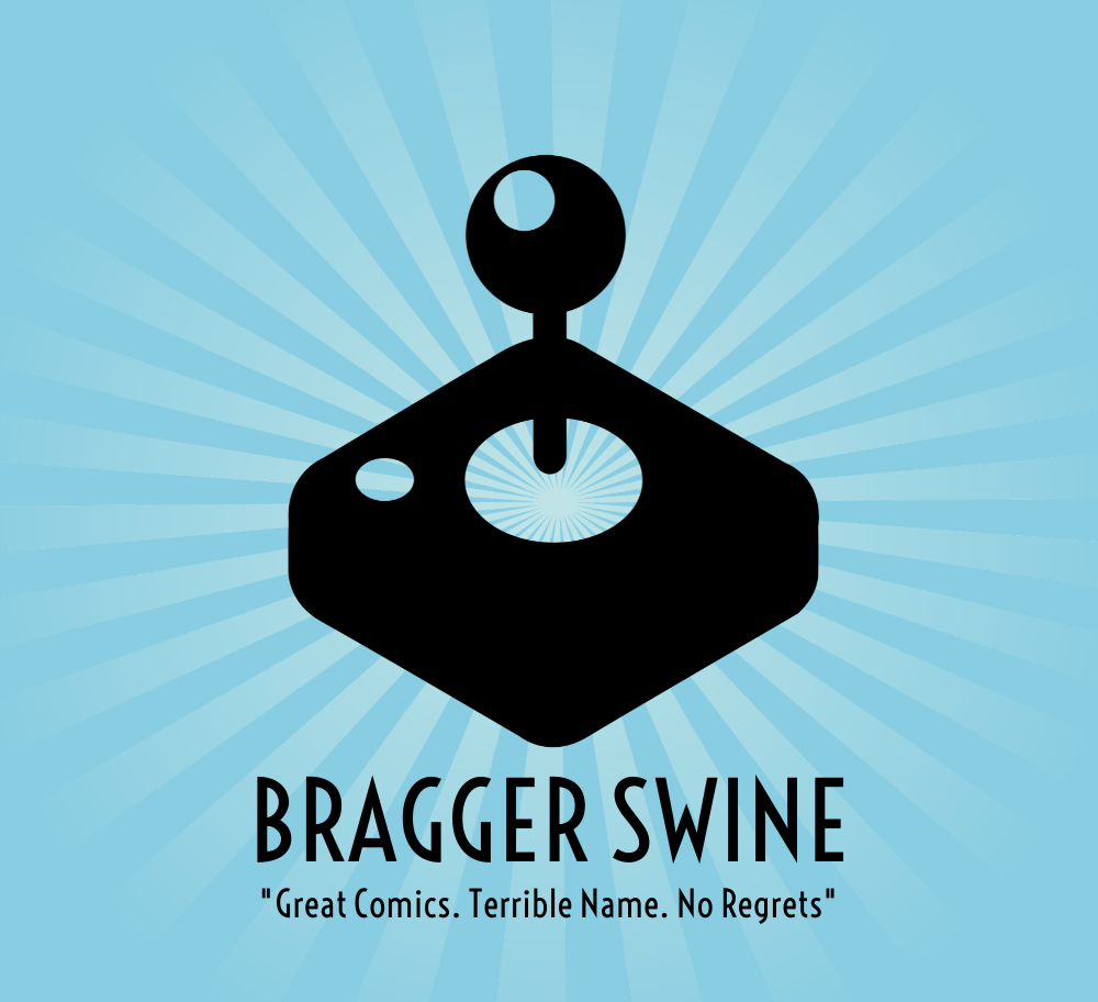 Logo with joystick design on a blue background, featuring the text 'Bragger Swine' and tagline.