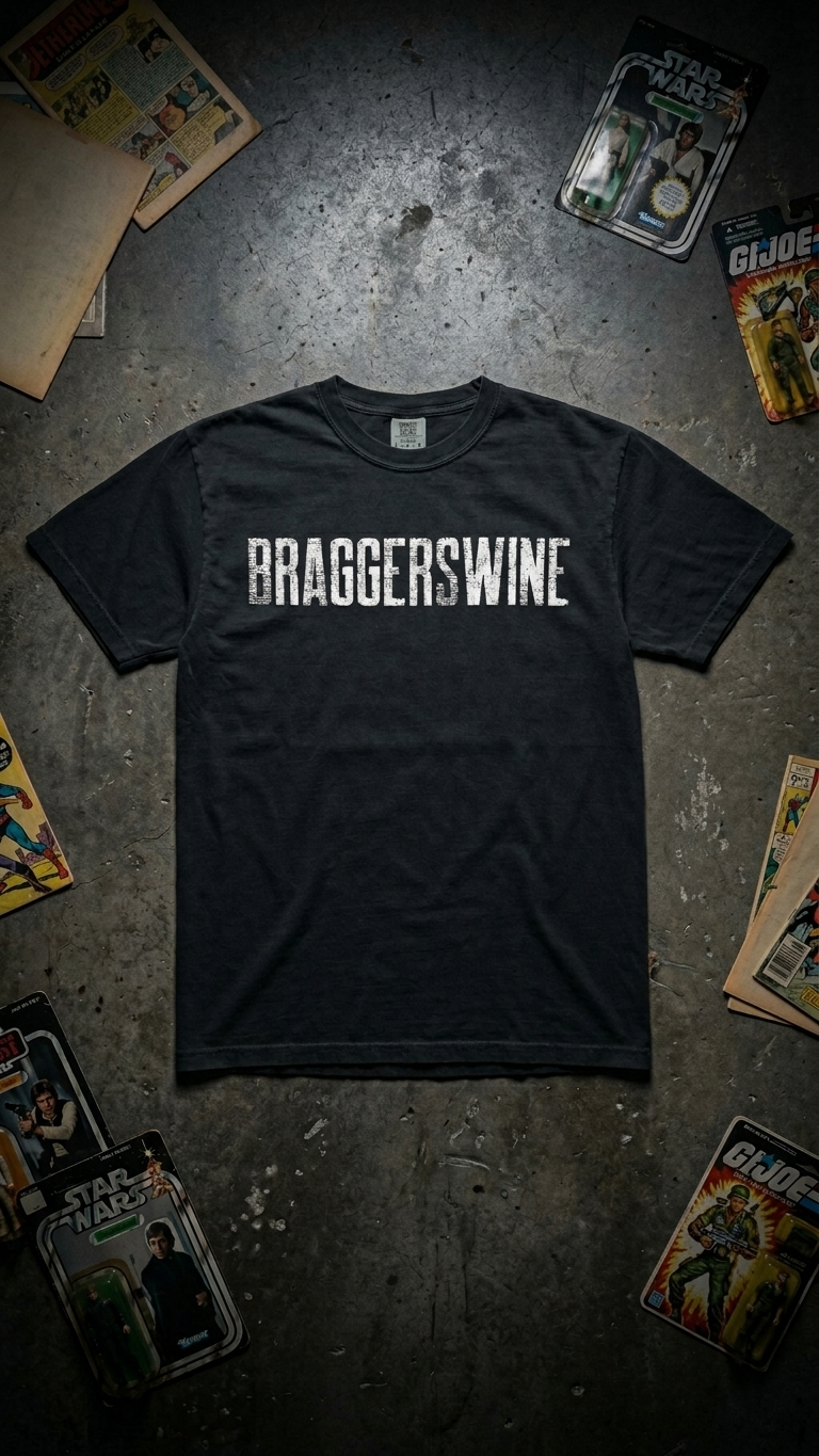 Black t-shirt with 'Braggerswine' text on a textured surface with comic books around