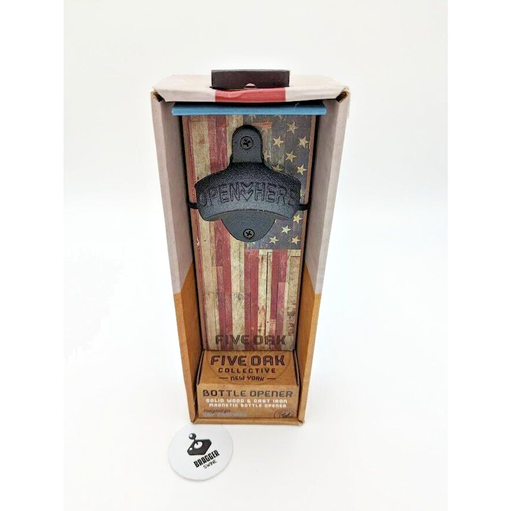 Five Oak Solid Wood & Cast Iron Magnetic American Flag Bottle Opener