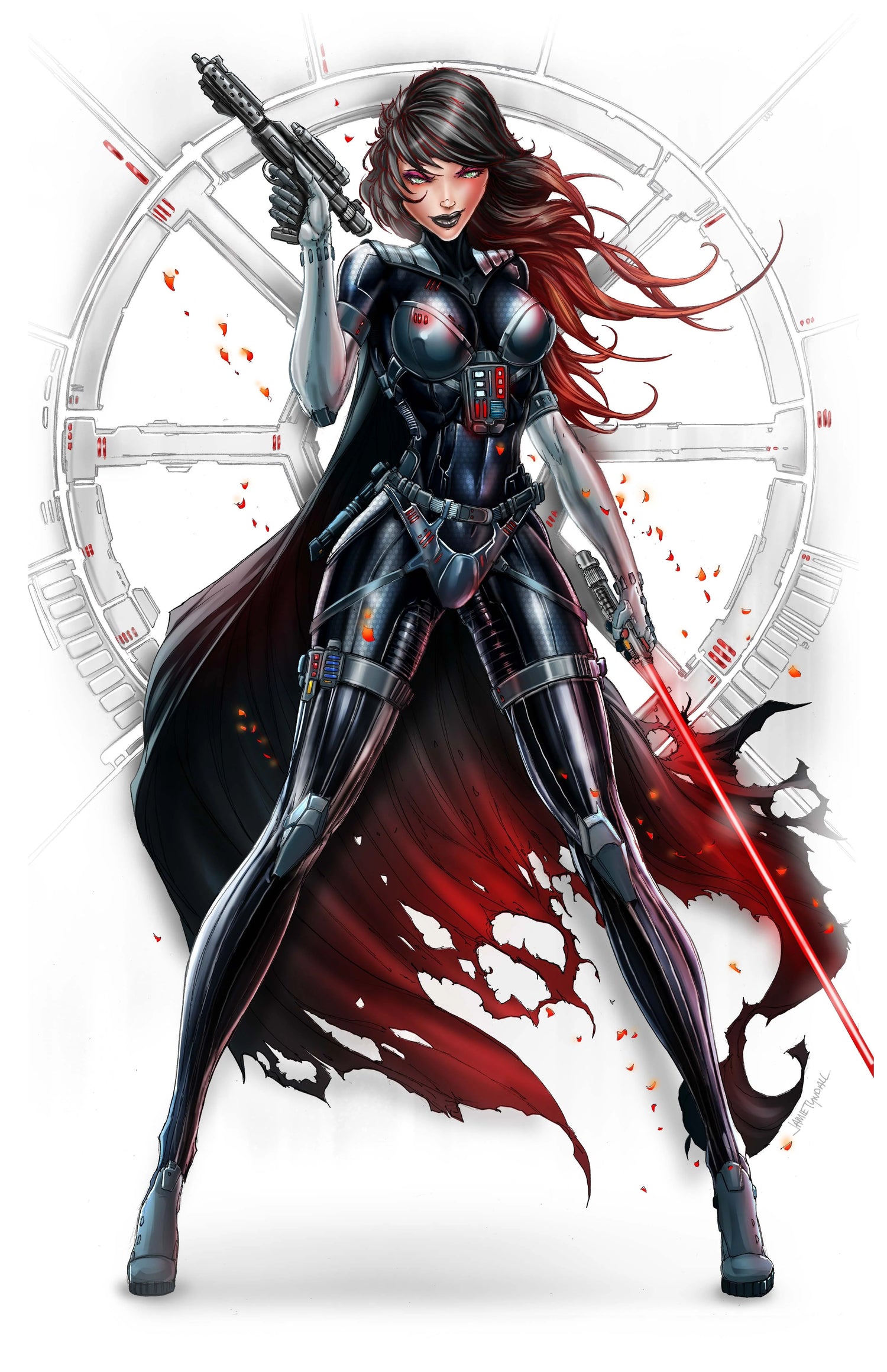 Futuristic warrior with red hair and armor standing in front of a clock face.
