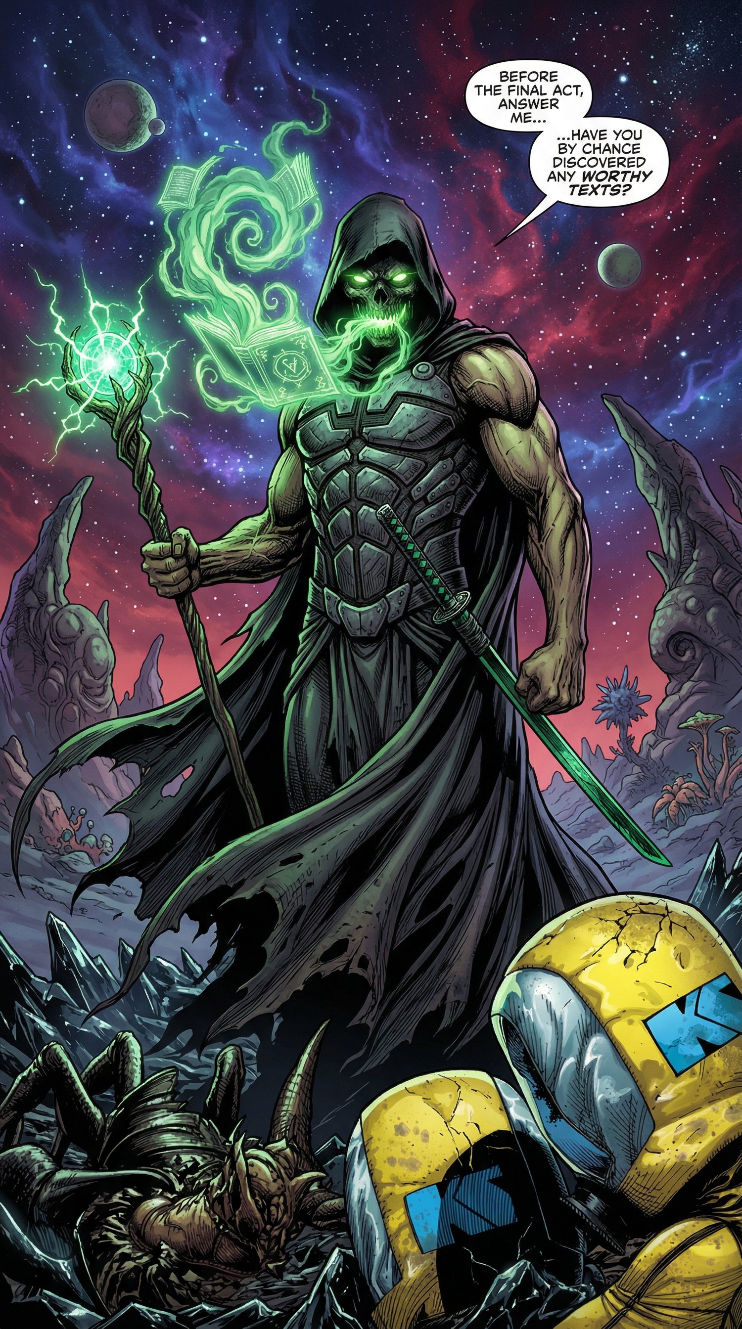 Comic book style illustration of a character with glowing green face and staff, surrounded by alien creatures and space elements.